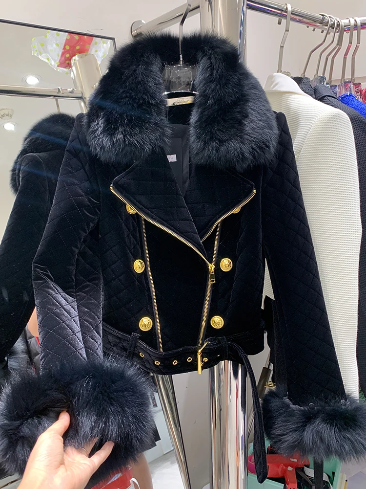 HIGH STREET New Fashion 2023 Designer Jacket Women's Fox Fur Collar Detachable Velvet Motorcycle Jacket