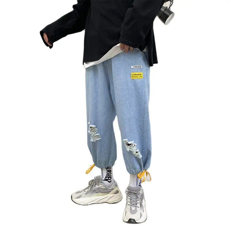 

Trendy Ripped Holes Beam Casual Men's Pants Hong Kong Fashion Brand Spring Autumn 2022 New Jeans Korean Loose Ankle Length Pants