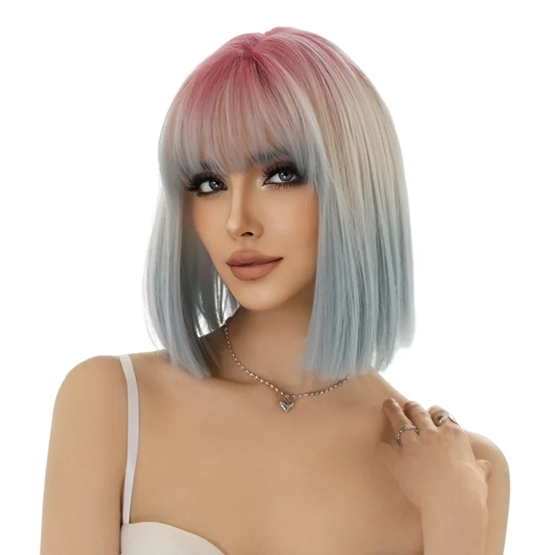 Фото Парик GUHUAN Pink Root Silver Blue Ombre, короткий боб с челкой, градиентный, прямой, из синтетических волос, термостойкое волокно, для косплея №5