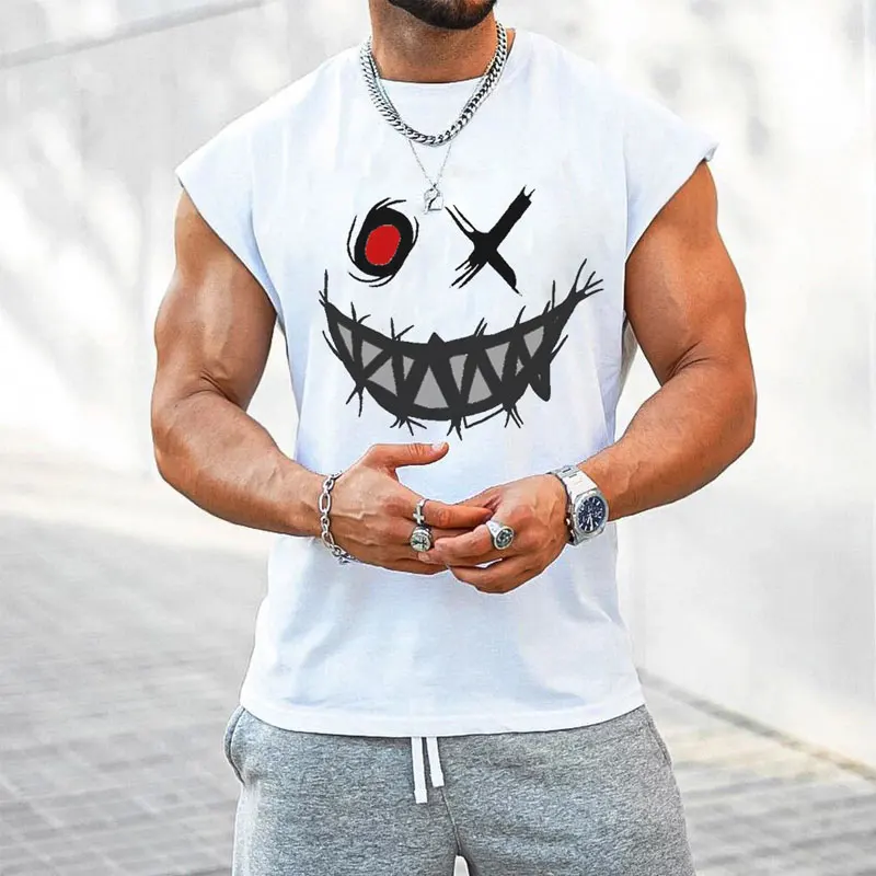 

Casual Summer Tank Men's Sleeveless Sporting T-shirt Funny Smile Cotton Blend Tank Tops White Color Tops