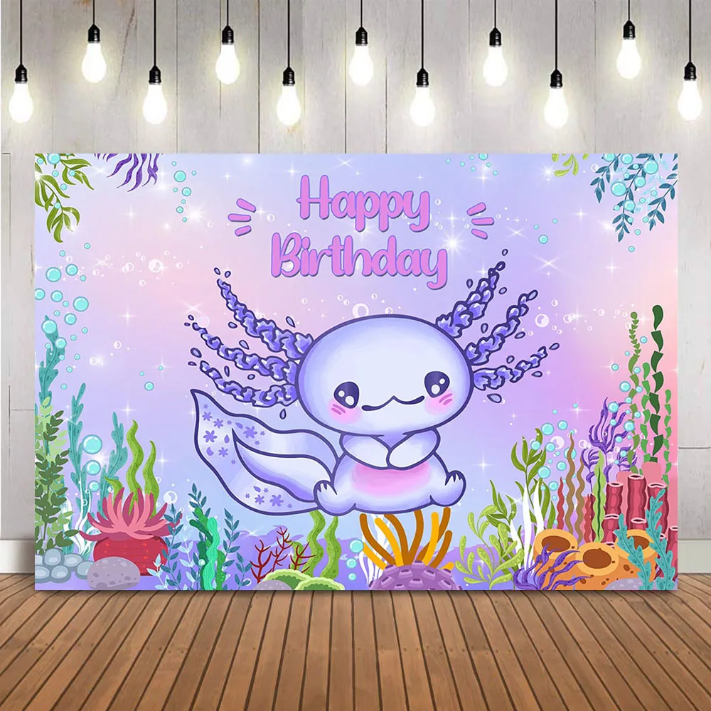 

Axolotl Birthday Background Under The Sea Girls Axolotl Photo Background Colorful Aquatic Plants Bubble Baby Kids Birthday Party