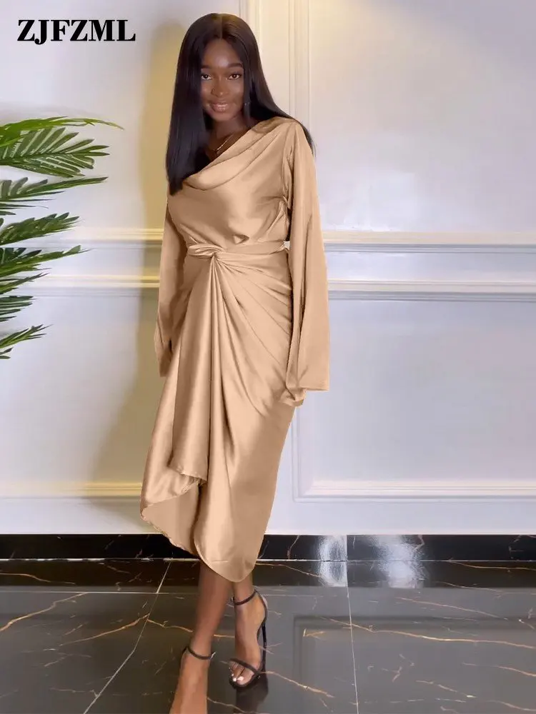 

Korean Fashion Women's Dress Sets Draped Collar Full Sleeve Basic T-shirt and Mid Calf Skirts Vintage Two Piece Club Outfit Set