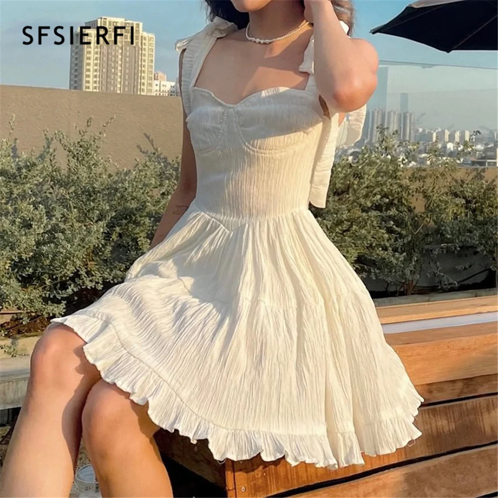 

Sfserfi, французское плиссированное платье y2k, милые тонкие мини-платья на бретелях, элегантный сарафан, женское винтажное пляжное платье с кор...