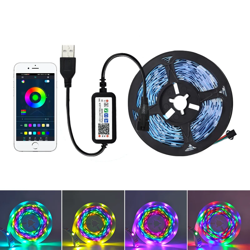 

DC 5V WS2812B LED Strip Light 5m USB TV Backlight Bluetooth APP Control Smart Flexible Diode Colorful Room Decoration Tape