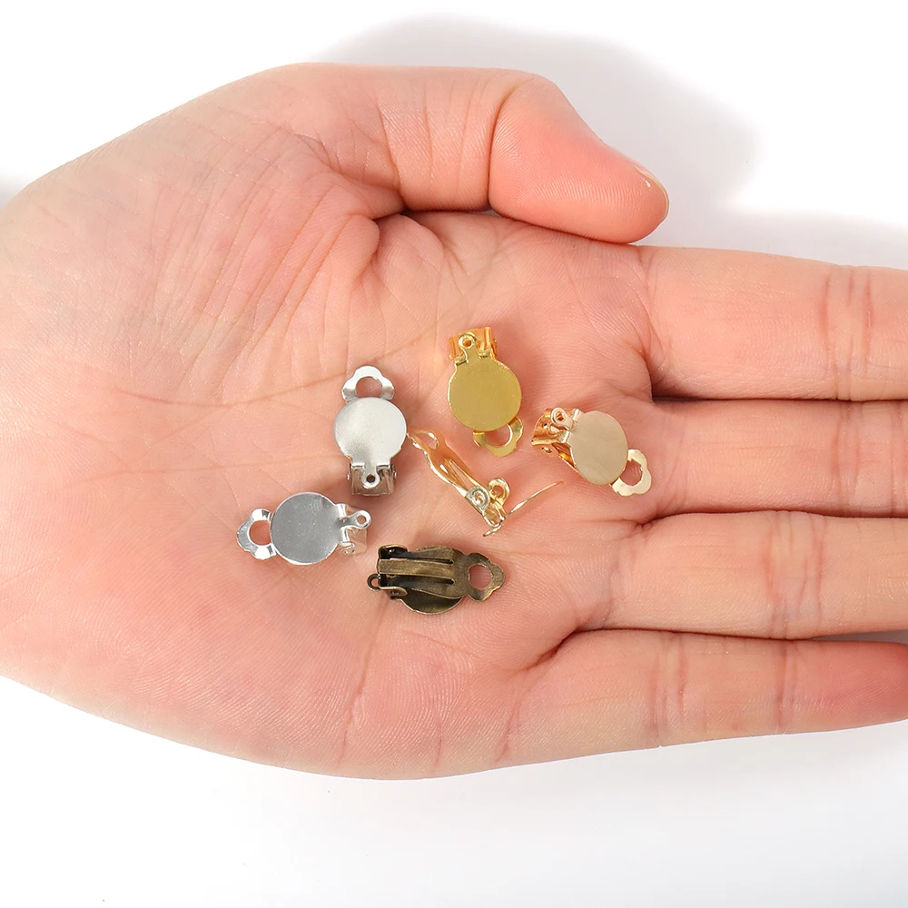 50pcs/lot Fit 10mm Glass Cabochons Ear Clips Earrings Blank Setting Base 5 Colors Plated Iron For DIY Jewelry Making Components