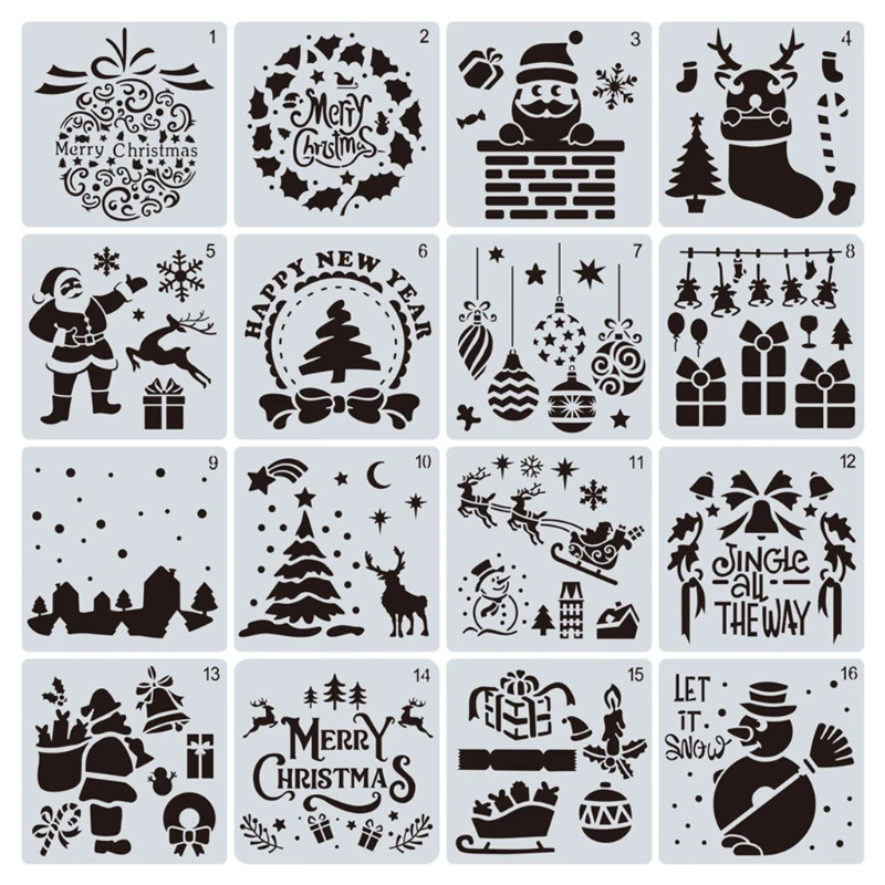 

Pack of 16Pcs Large Hollow-out Christmas Painting PET Stencils Set Graffiti Template for DIY Art Handcraft Scrapbooking