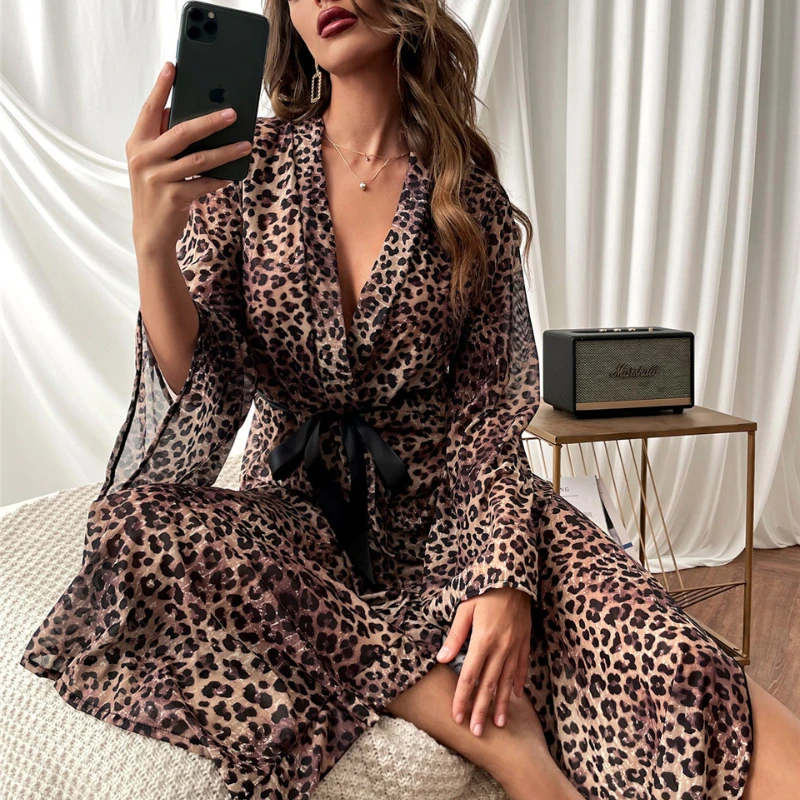 Women Leopard Print Nightgown Long Sleeves V Neck Nightwear Wraparound Open Front Waist Strap Casual Dress Robe landuxiu