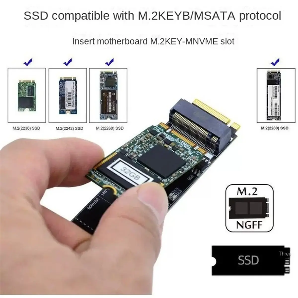 Фото Адаптер M.2 NVME на M.2 SATA SSD, переходник с ключа M на ключ B+M, карта-адаптер M2 с чипом JMB582 для SSD M.2 SATA форматов 2230, 2242, 2260, 2280. №1