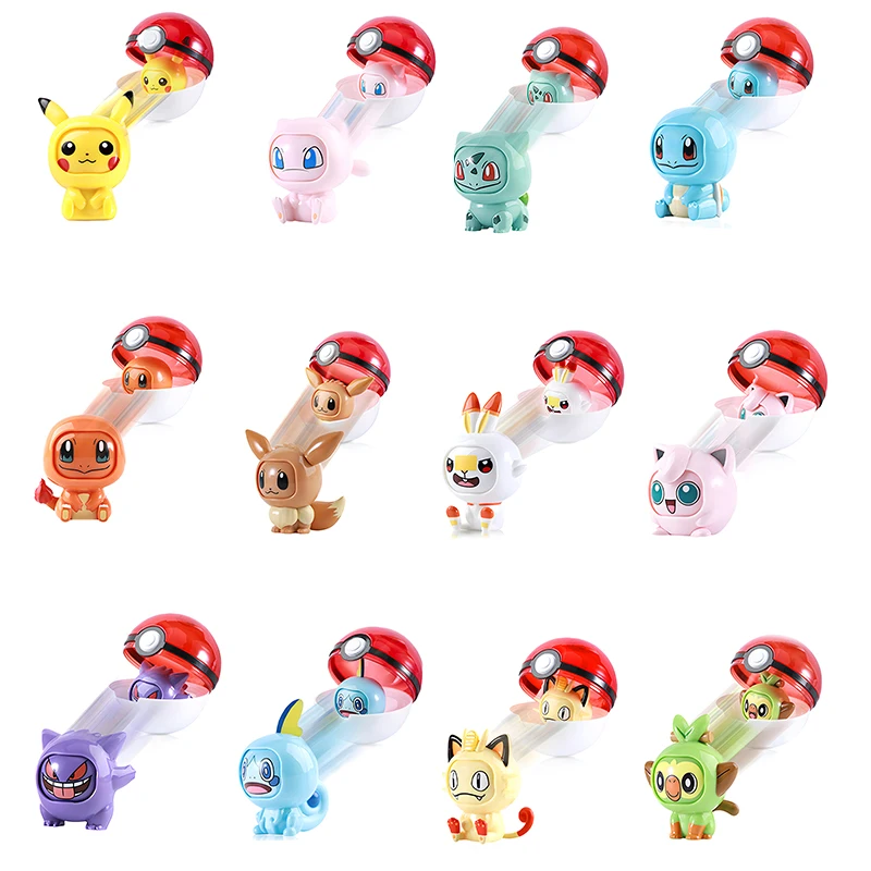 

Genuine Pokemon Family Anime Charmander Squirtle Pikachu Bulbasaur Pokeball Eevee Face changing Elf Ball Figure doll go kid Toys
