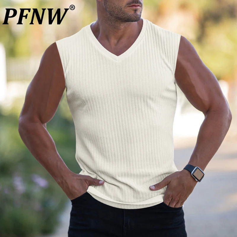 

PFNW Spring Summer New Men's Solid Color V-Neck Sports Slim Fit Tank Tops Casual Joggers Training Gym Fashion Niche Vest 28A2689