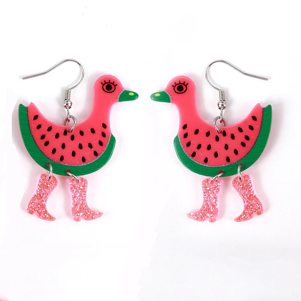 

2023 Cute Watermelon Duck Acrylic Earrings for Women Funny Cartoon Fruit Animal High Heels Drop Dangle Earring Novelty Jewelry