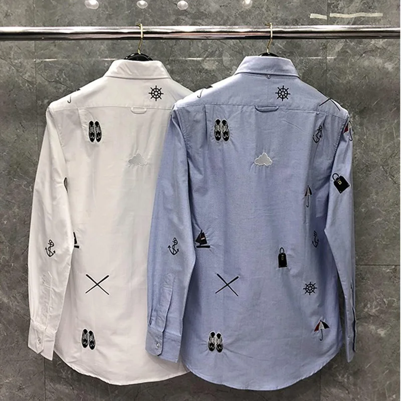 TB THOM Shirt Autunm New Umbrella Embroidery Women Blouses Korean Fashion Style Oxford Cotton Causal Men's Social Shirts