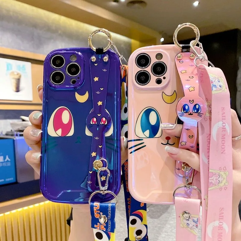 

Sailor Moon Cartoon Luna Artemis Cat With Wrist Strap Lanyard Phone Case For iPhone 14 Plus 13 12 Pro Max Anti-drop Cover