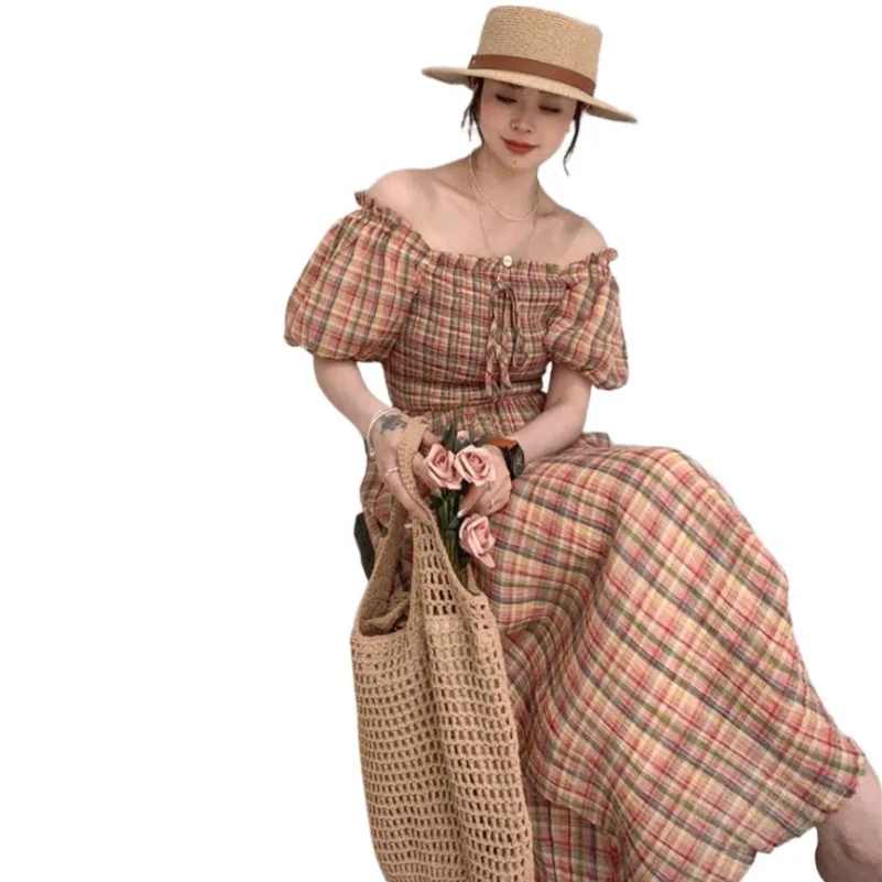 

Summer Cotton New Feminine Square Collar Vintage Plaid Long Dress Off Shoulder Sweet Puff Sleeves Slim A-Line Seaside Vestidos