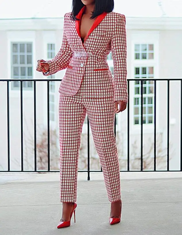 

Woman Elegant Blazer Sets Fashion Outfits Two Piece Suit Outfits Women's Plaid Print Shawl Collar Buttoned Coat & Pants Set