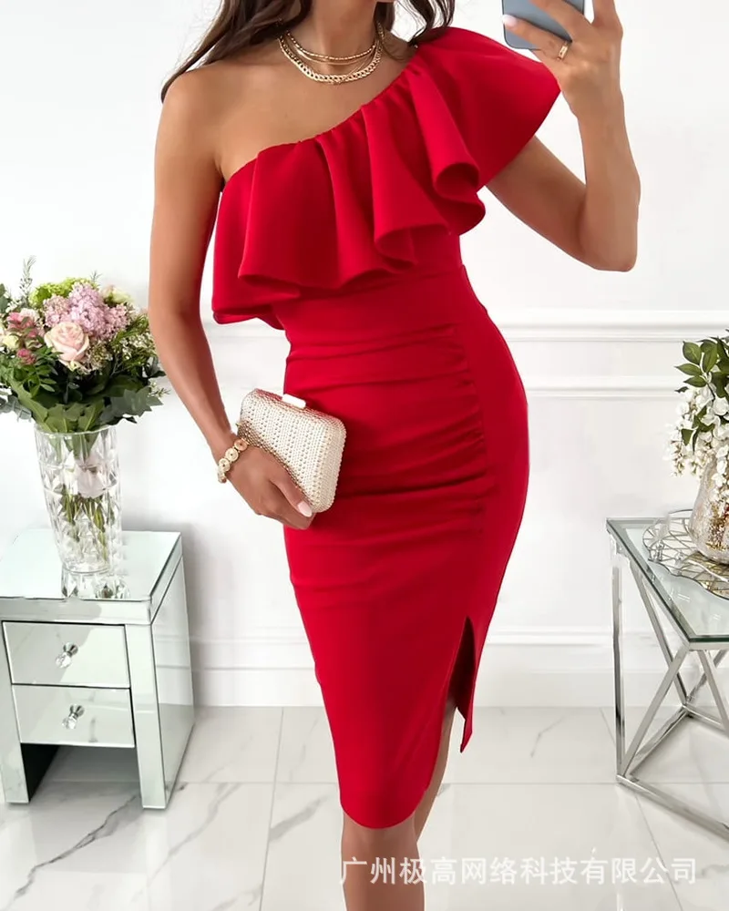 

Women Knee Length Sexy Summer Spring Ruffle Hem One Shoulder Slit Party Dress Solid Color High Waist Dress