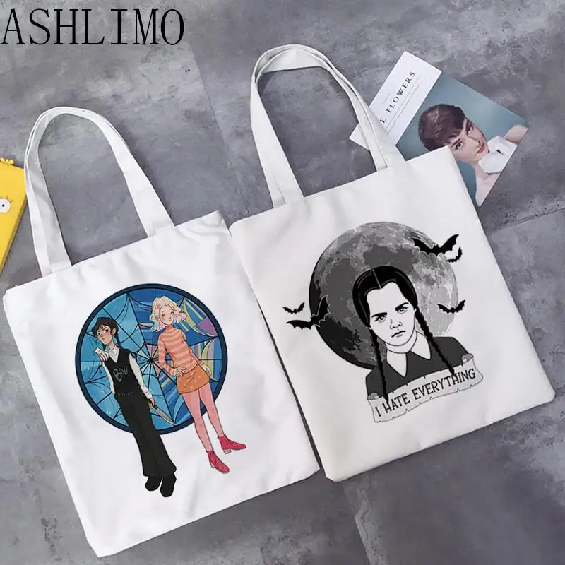 

Tote Bags Nevermore Academy Wednesday Addams Women Shoulder Bag Canvas Bag Reusable Shopping Bag Schoolbag Female Eco Bag