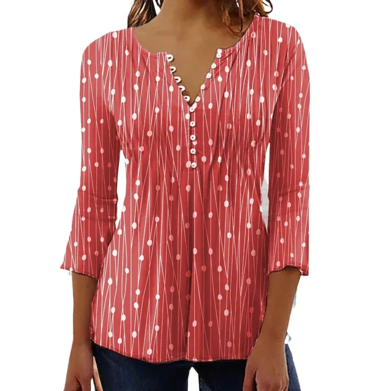 

Fashion Elegant Polka Dot Print Bottoming Shirt Women 2023 Autumn Long Sleeve Button V Neck Pullover Blouse Casual Office Tops