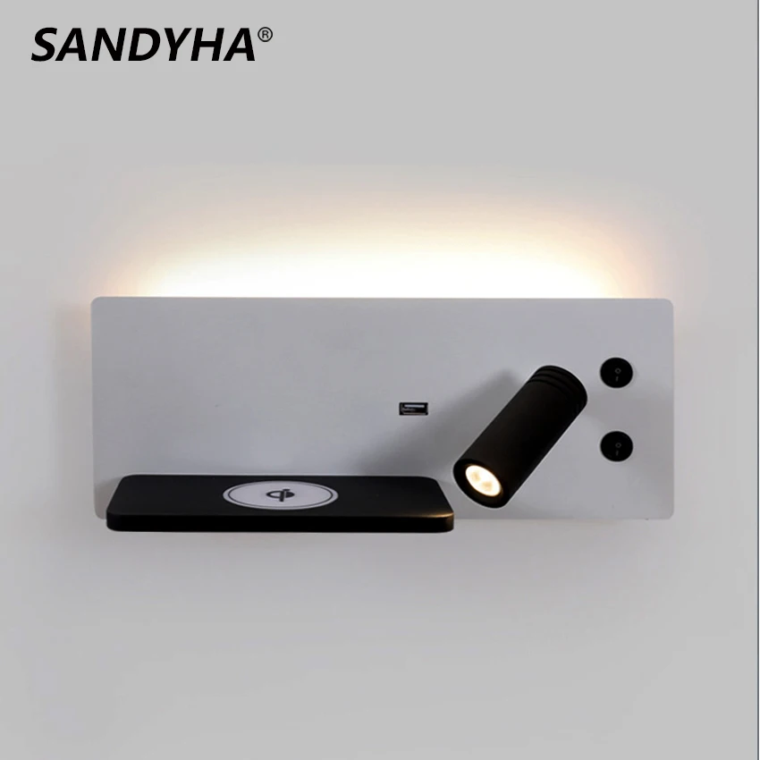 SANDYHA متعددة الوظائف LED القراءة الداخلية الجدار الخفيفة مع USB اللاسلكية الهاتف شحن التبديل السرير الجدار الشمعدان فندق مصابيح بجانب السرير
