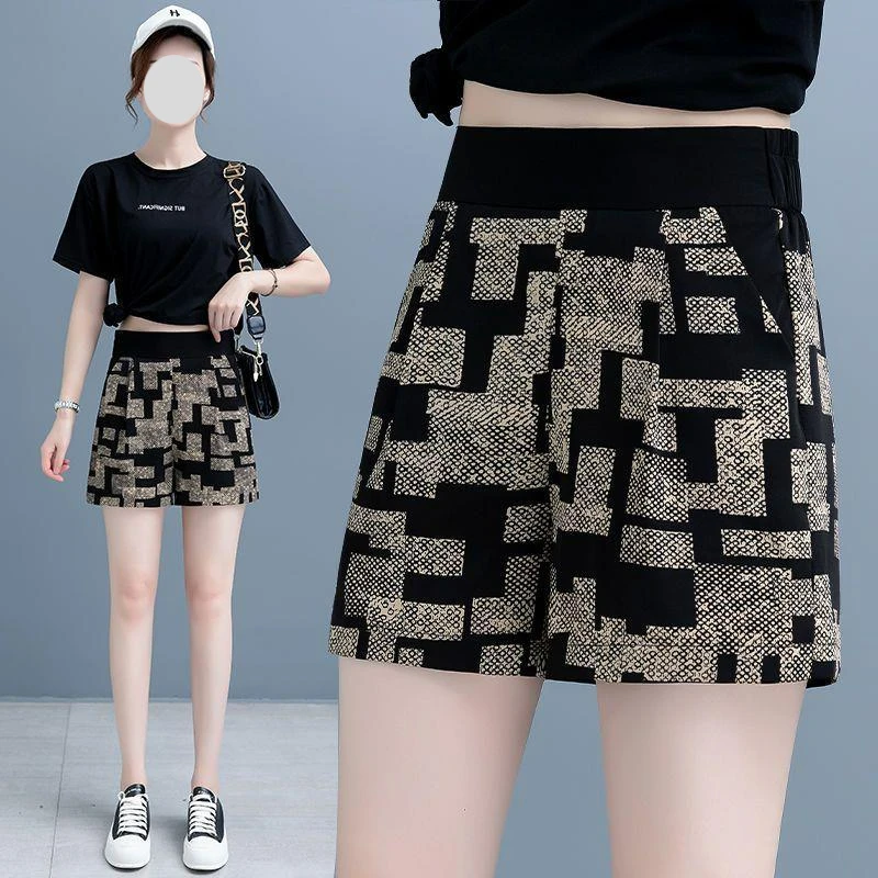 

Summer Casual Wear Shorts Women's New High Waist Flower Shorts Ice Silk Thin Elastic Waist Wide Leg Hot Pants