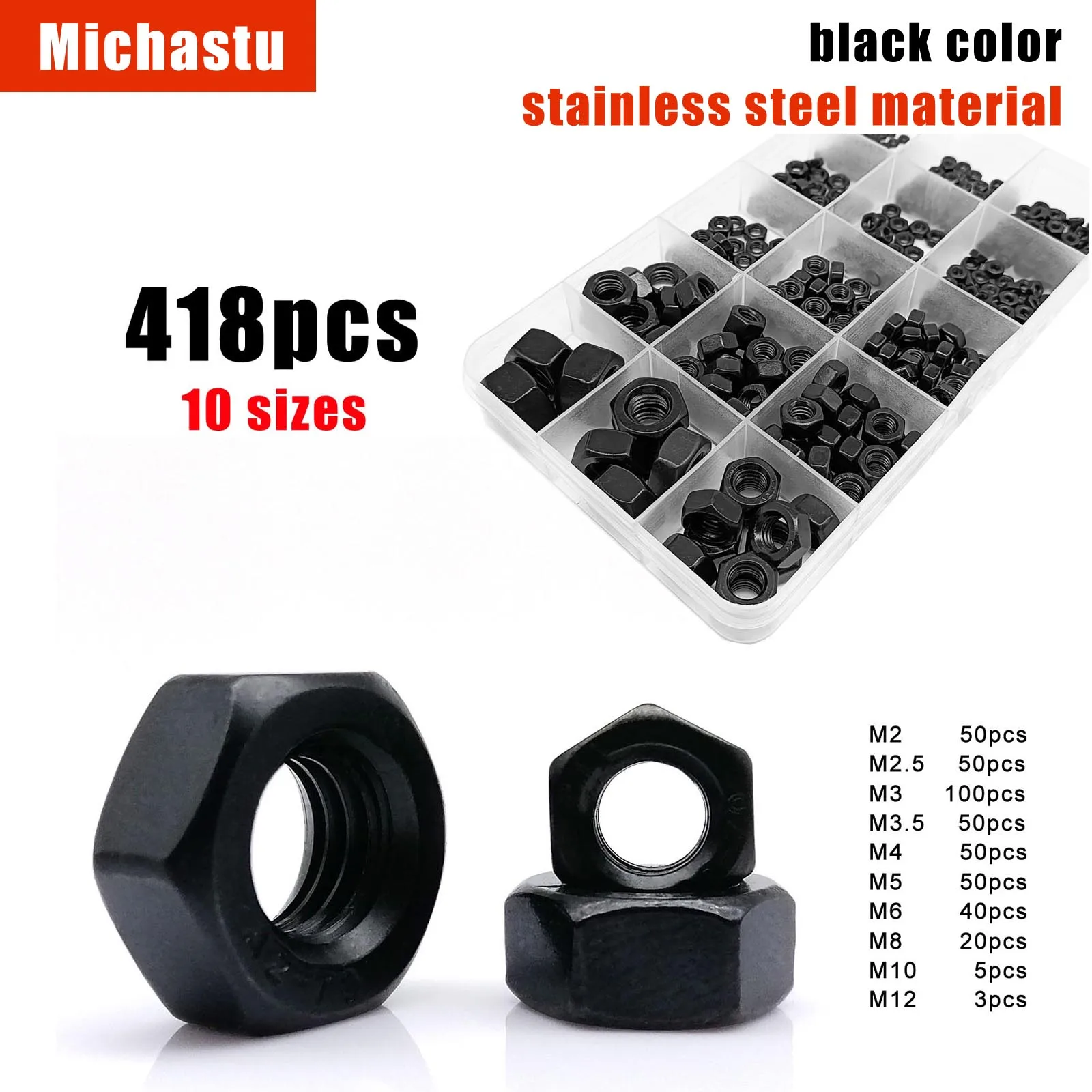 Шестигранные гайки из нержавеющей стали Mix M2 M2.5 M3 M3.5 M4 M5 M6 M8 M10 M12 Черный 304 A2-70 DIN934
