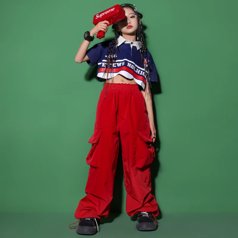 

Детская одежда для уличного танца Kpop, укороченные топы с синим воротником, футболка, красные повседневные брюки-карго в стиле хип-хоп для девочек, костюм для джазовых танцев, одежда