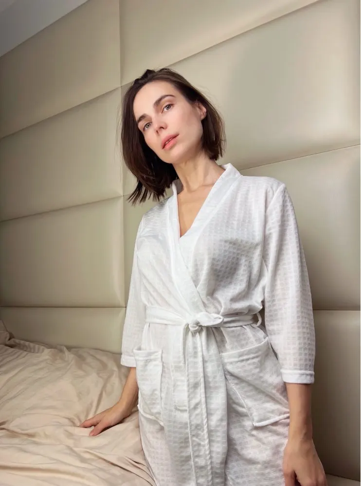 Waffle Couple Bathrobe Spring Women Dressing Gown Three Quarter Sleeve Cotton Kimono Solid Robe With Pockets Knee Length Robes