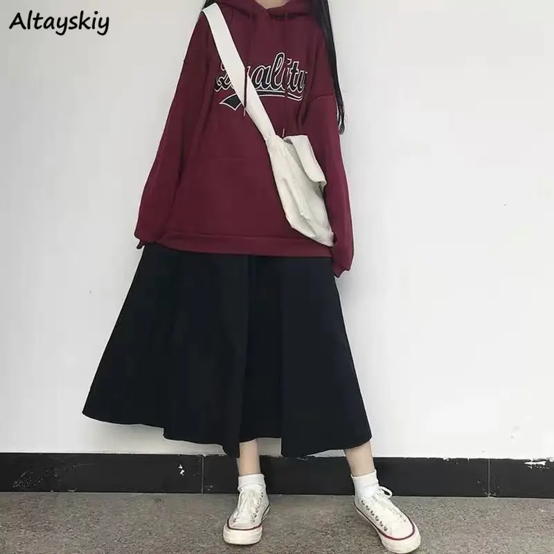 

College Skirts Women Loose Solid Mid-calf A-line Skirt All-match Gentle Leisure Ins Streetwear Fashion High Waist Ladies S-5XL