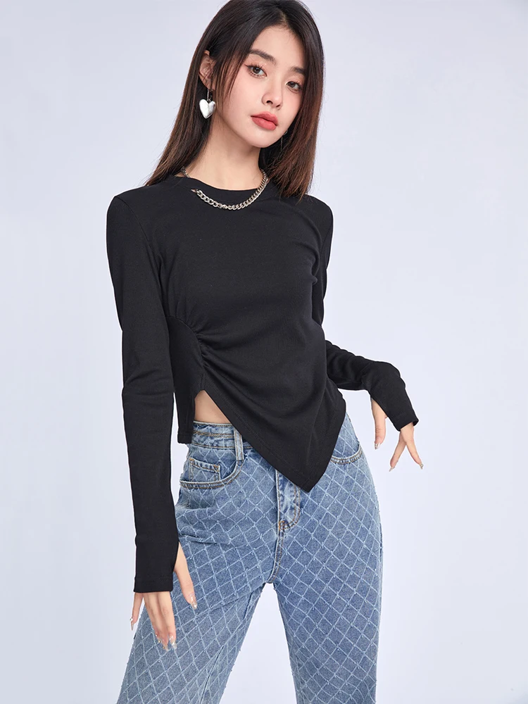 ONE-T Autumn Black Knit Tees Women Irregular Solid Knitwear O-Neck Long Sleeve Soft Slim Sweaters Female Casual Pullovers Tops