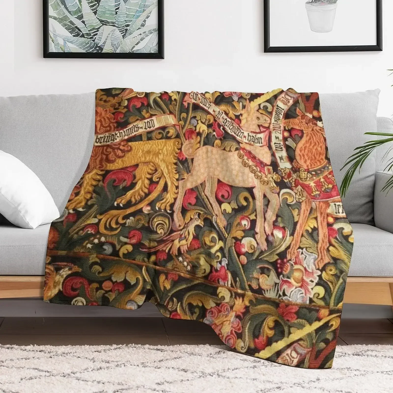 ЕДИНОРГ ДРАКОН ЛИНИЯ СТАБ И ДРУГИЕ ЖИВОТНЫЕ Цветочный Средневековый Гобелен