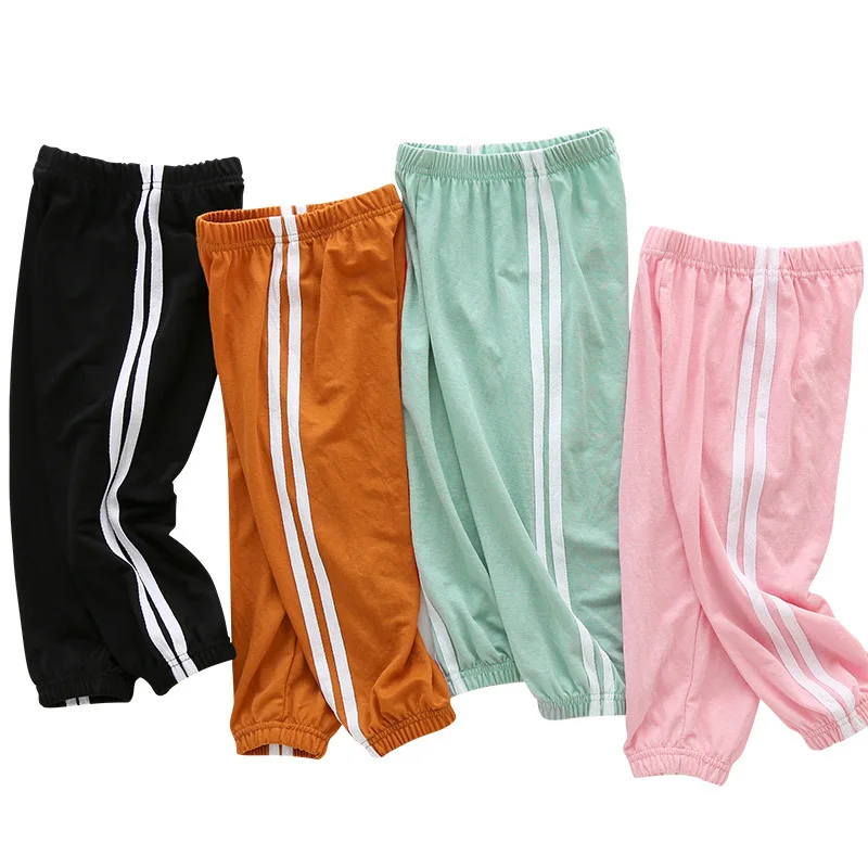 Pantalones bombachos para niños pequeños, pantalón suave con cordón y rayas laterales, Color caramelo, verano, 2022