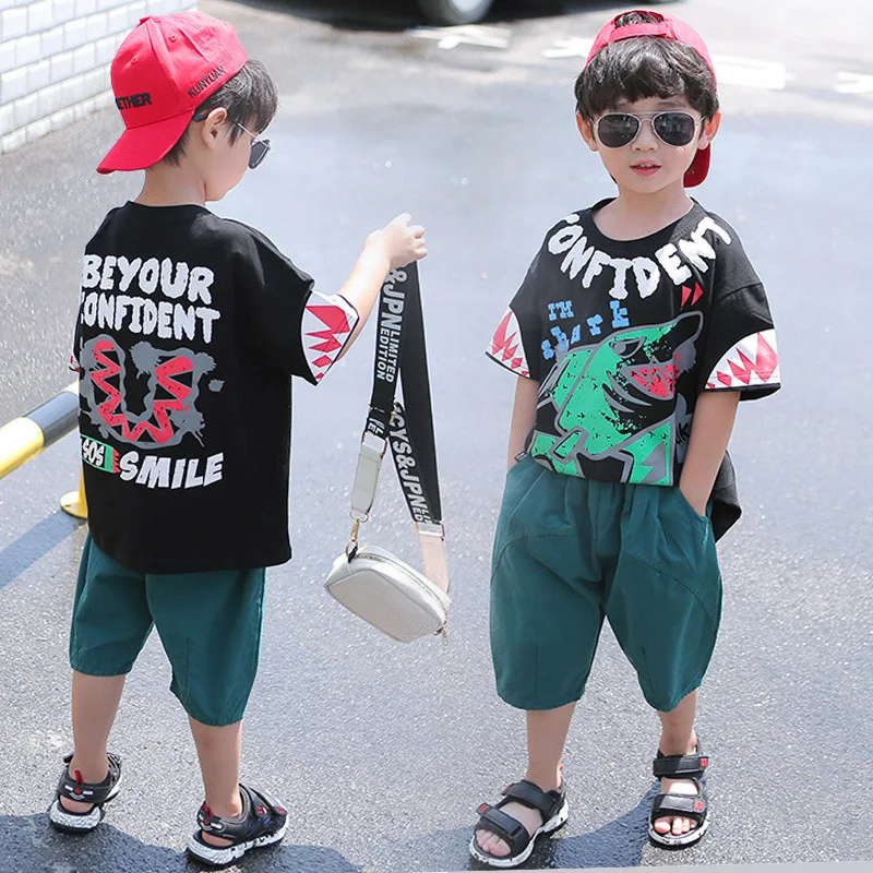 

New Summer Boys Clothing Set Casual Hip-hop Cartoon Shark T-Shirt + Pants 2Pcs Suit Boys Clothing Suit Kids Clothes Outfit