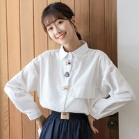 lovely young girl striped white shirt women 2022 new button up loose long sleeve cartoon turn down collar women blouse 30g