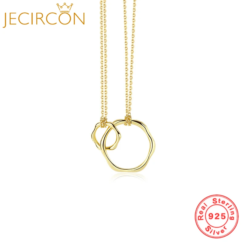 

JECIRCON 925 Sterling Silver Irregular Double Ring Necklace for Women ins Niche Metal Style Ring Interlocking Clavicle Chain