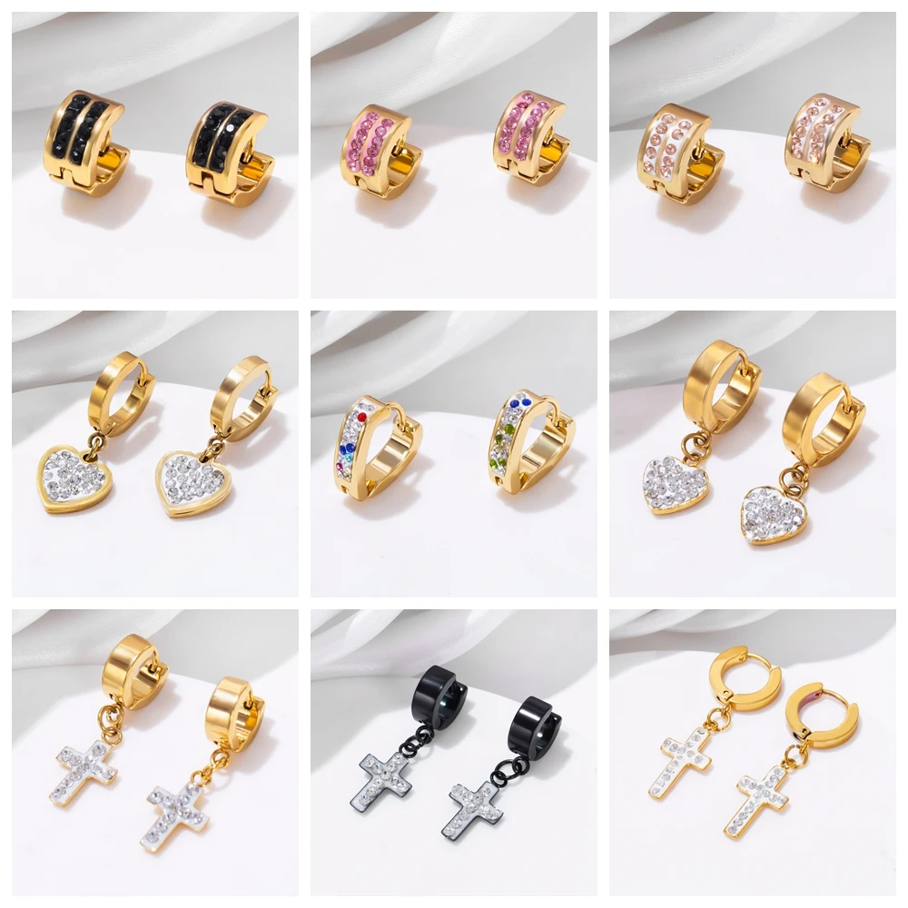 

ESSFF 1 Pair Cross&Circle Crystals Piercing Hoop Earrings for Women Mens Stainless Steel Punk Girls Jewelry Wholesale