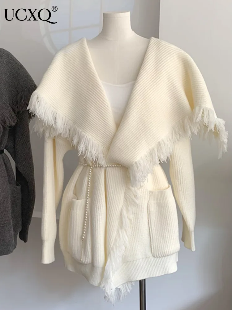 

UCXQ Lapel Tassel Winter Cardigan Coat For Women Long Sleeve Gray Loose Fashion Knitted Sweater Jacket 2023 Autumn New 23A5204