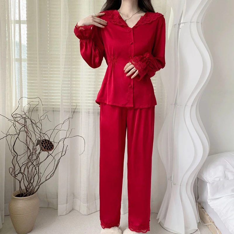 Lace Button Shirt with Trousers Korean Pajama Set Silk Long Pants Nightwear Pyjama Sleepwear Vintage Pijama Women Satin Pajamas