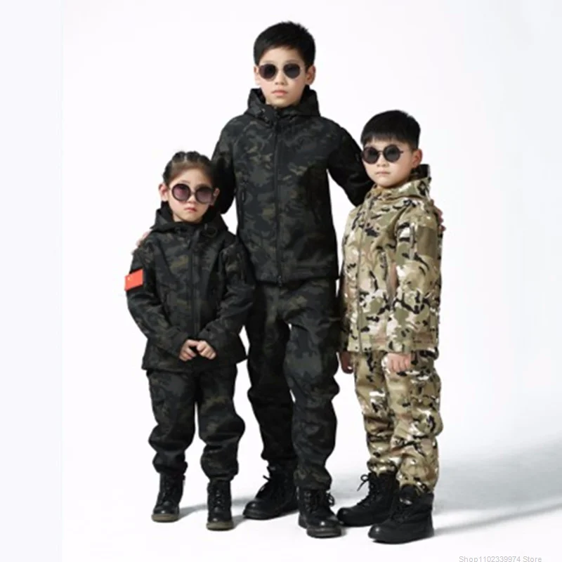 

Upgraded Kids Outdoor Camo Soft Shell Clothes CS Fishing Hunting Children Sets Trekking Hiking Riding Sports Jacket Pants Suits