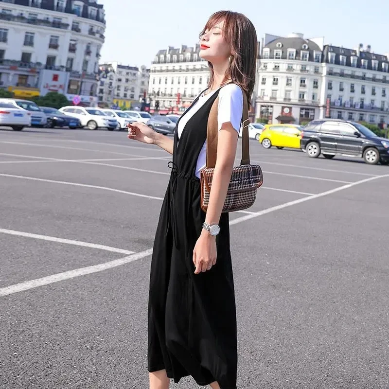 One Piece Jumsuits for Women Summer New Stylish Overalls Korean Black Wide Leg Calf Legnth Pants Jump Suits Slim Fashion Outfits