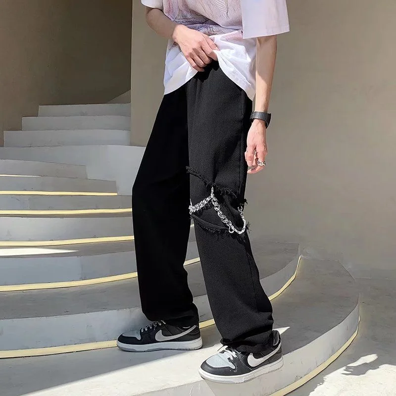 Chain Baggy Jeans Men Fashion Casual Wide Leg Jeans Men Streetwear Korean Loose Hip Hop Straight Denim Pants Mens Trousers M-2XL
