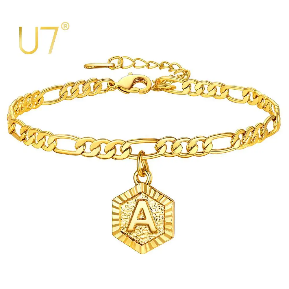

U7 Letter Ankle Bracelets for Women Men Figaro Chain Initial Anklet Name Bracelet with Letter Alphabet Foot Summer Jewelry A338