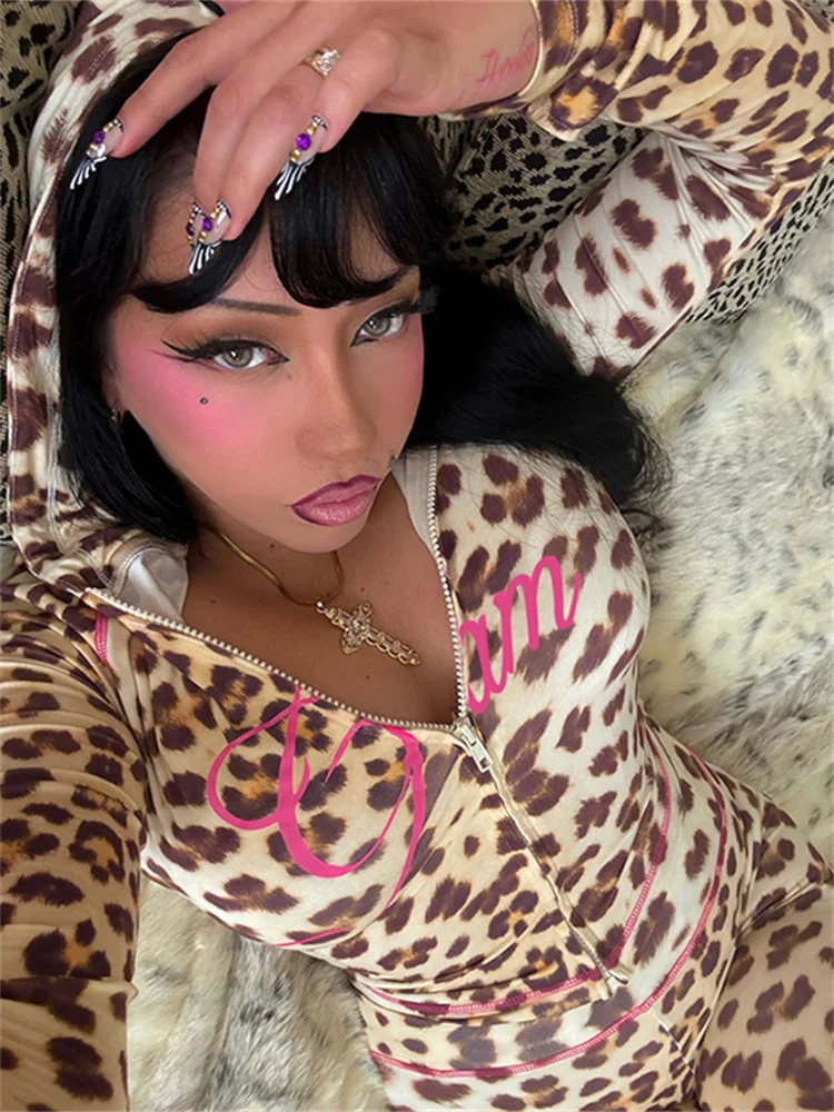 Женский костюм-двойка с леопардовым принтом осенний кардиган капюшоном и брюки