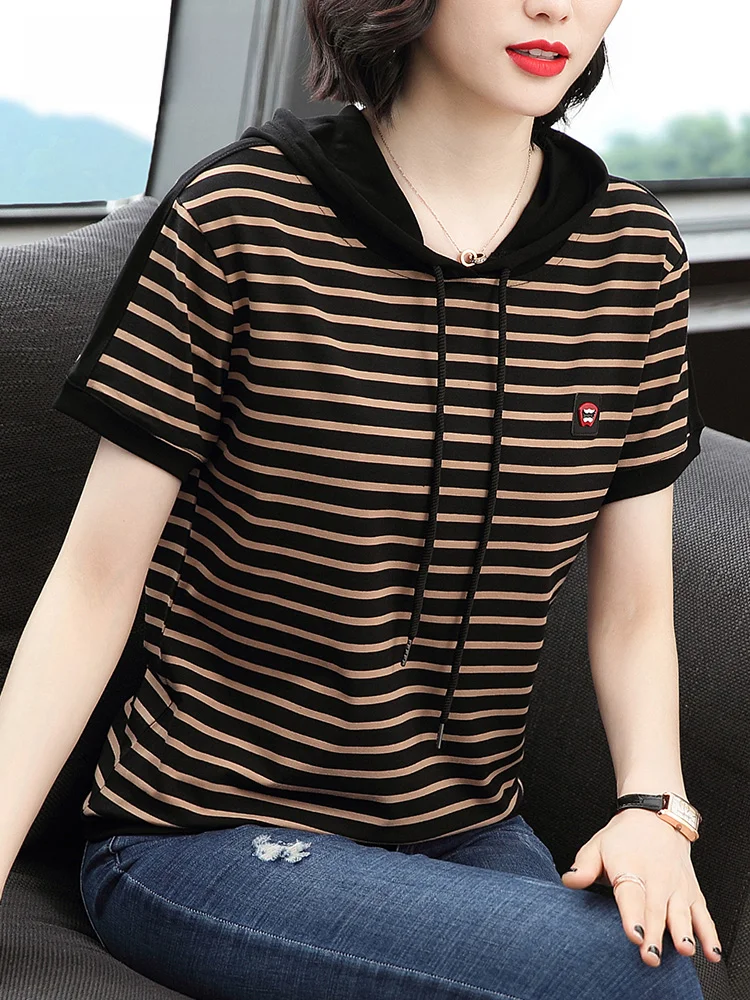 Футболка с капюшоном и коротким рукавом Женский Топ из чистого хлопка в полоску