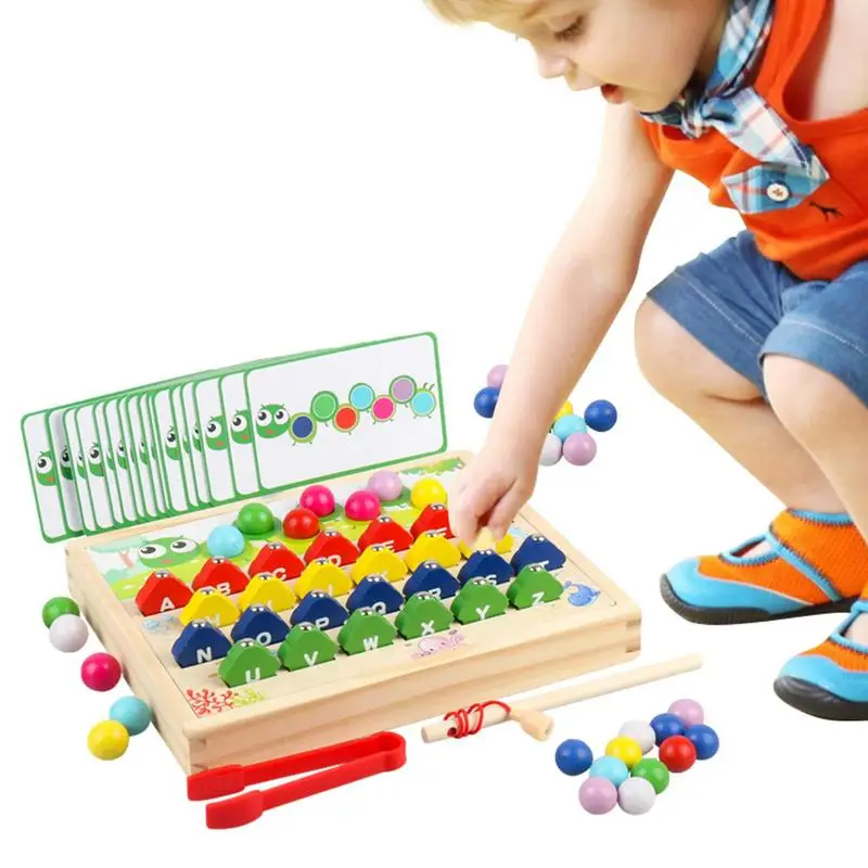 

Wooden Fishing Game Toy Wooden Board Bead Game Magnetic Caterpillar Design Clip Bead Game Wooden Pegboard Beads Game