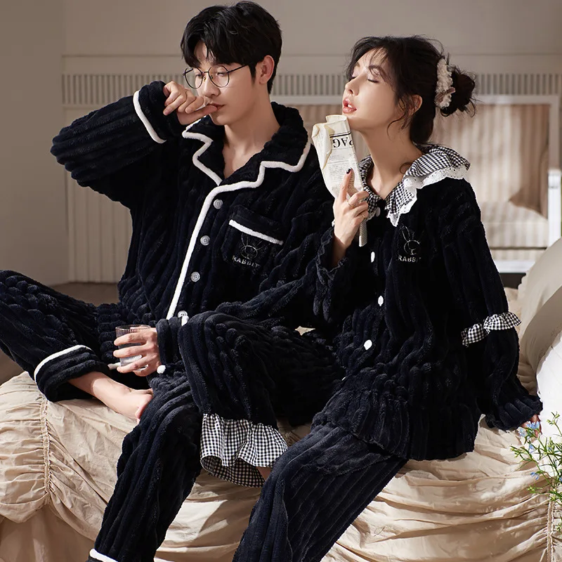 2022 Winter new couples pajamas Flannel and fleece thick pajamas Ladies casual cardigan coral fleece home dress set