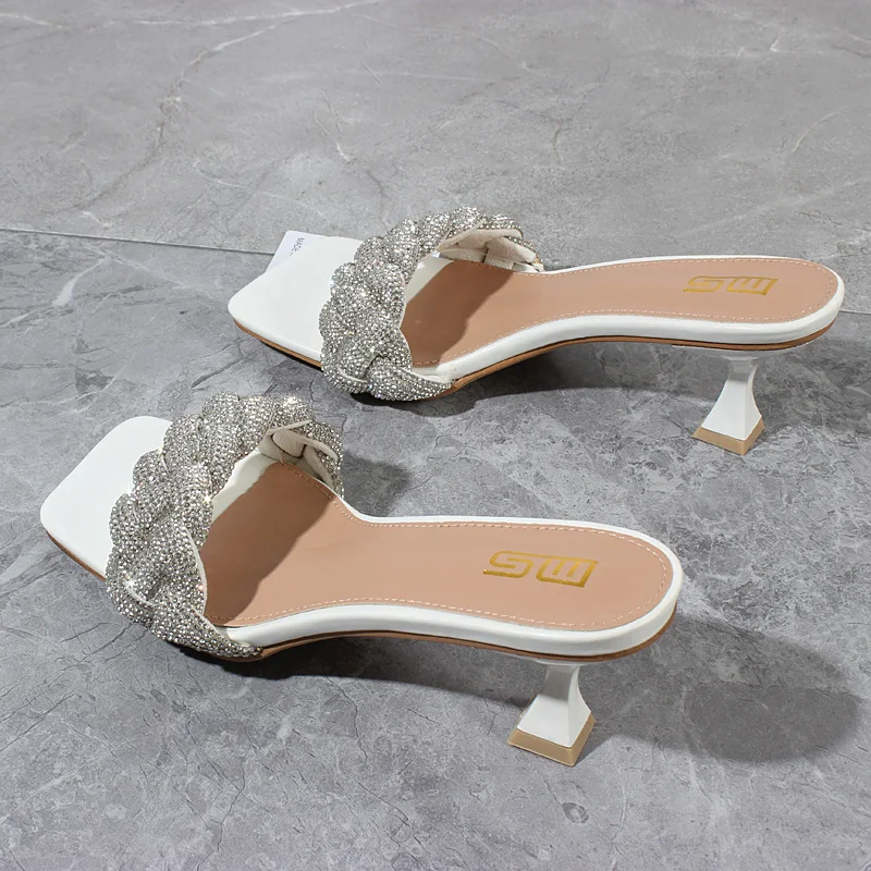 Modern Slippers 2022 Summer New Handwoven Crystal High Heel Sandals Outside White Fashion Sexy Party Women's Slippers