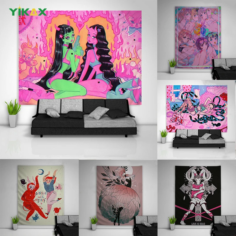 

Anime Women Tapestry Wall Hanging Blanket Kawaii Girl Aesthetic Illustration Art Wallposter Dorm Living Room Bedroom Home Decor