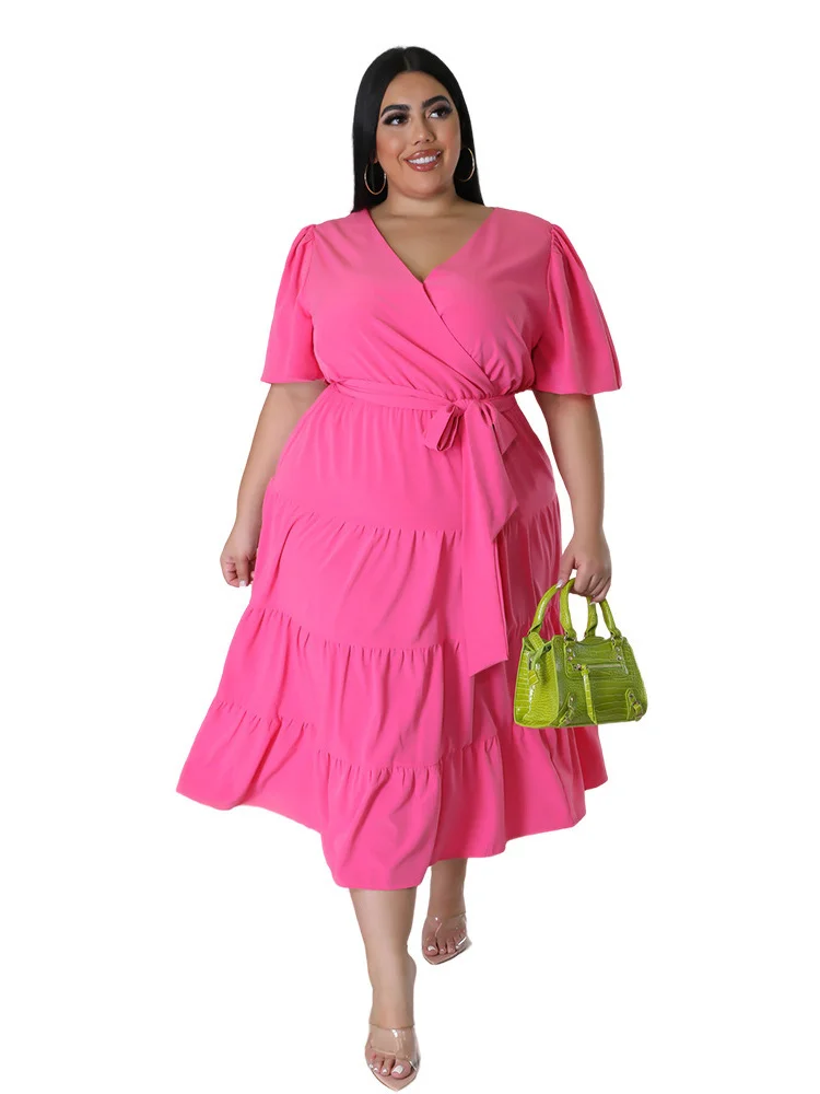 Plus Size Dresses for Women v Neck New in Summer Clothes Solid Elegant with Bandage Maxi Dress Wholesa 3xl 4xl 5xl 6xl