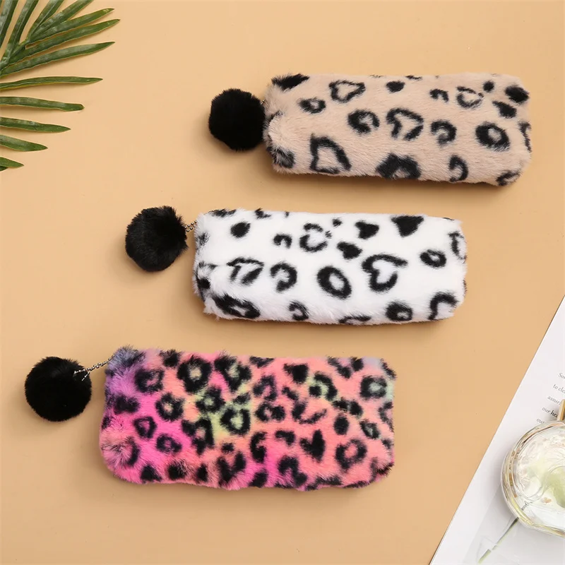 

New Leopard Print Plush Pencil Case Student Storage Bag for School Office Supplies Stationery Portable Large Capacity Pencil Bag