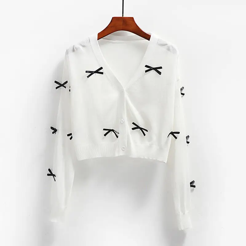 

Ice silk knitted cardigan female 2023 spring and summer New short long sleeved butterfly decal knot sunscreen clothing coat XL